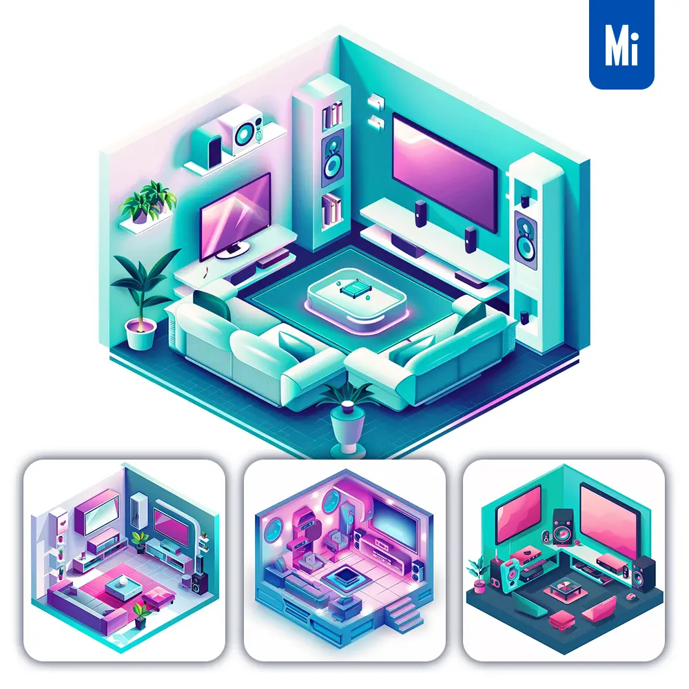 Midjourney Prompt Family Home Living Room Entertainment Isometric 3D Vector Illustration