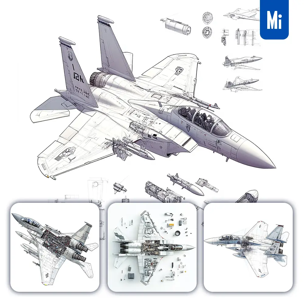 Midjourney Prompt Fighter Jet F-15 Eagle Breakdown Drawing Specification Illustration