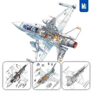 Midjourney Prompt Fighter Jet F-16 Fighting Falcon Breakdown Drawing Specification Illustration