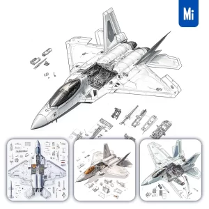 Midjourney Prompt Fighter Jet F-22 Raptor Breakdown Drawing Specification Illustration