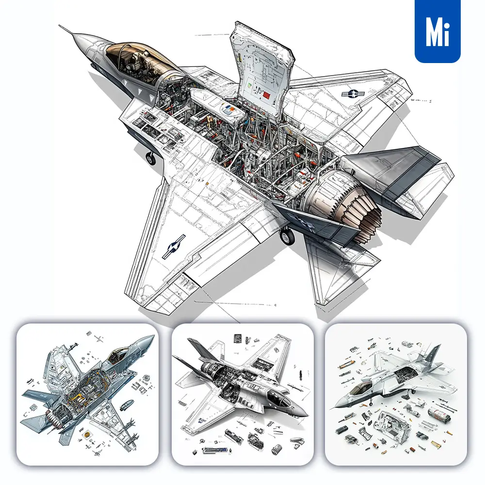 Midjourney Prompt Fighter Jet F-35 Lightning II Breakdown Drawing Specification Illustration