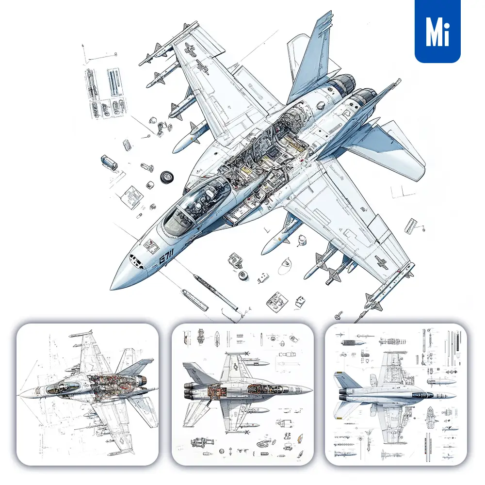 Midjourney Prompt Fighter Jet F/A-18 F-18 Hornet Breakdown Drawing Specification Illustration