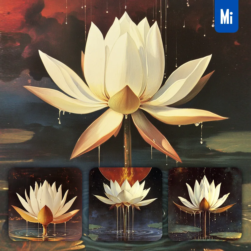 Midjourney Prompt Flower White Lotus Dripping Water Drop Rain Liquid Vintage Painting