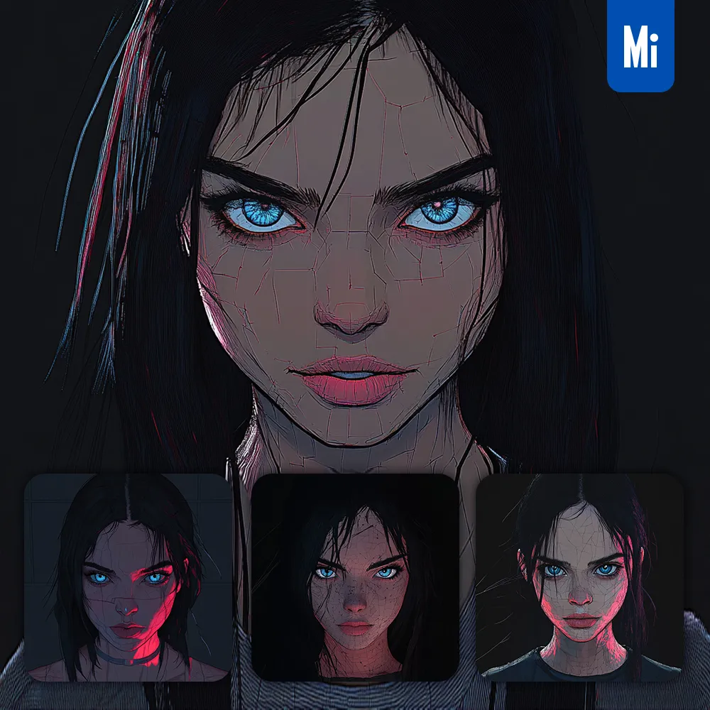 Midjourney Prompt Front Woman Girl Face Eye Dark Illustration