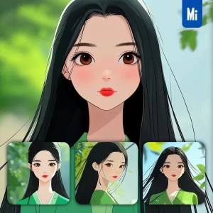 Midjourney Prompt Girl Beautiful Asian Woman Green Portrait Cartoon Illustration