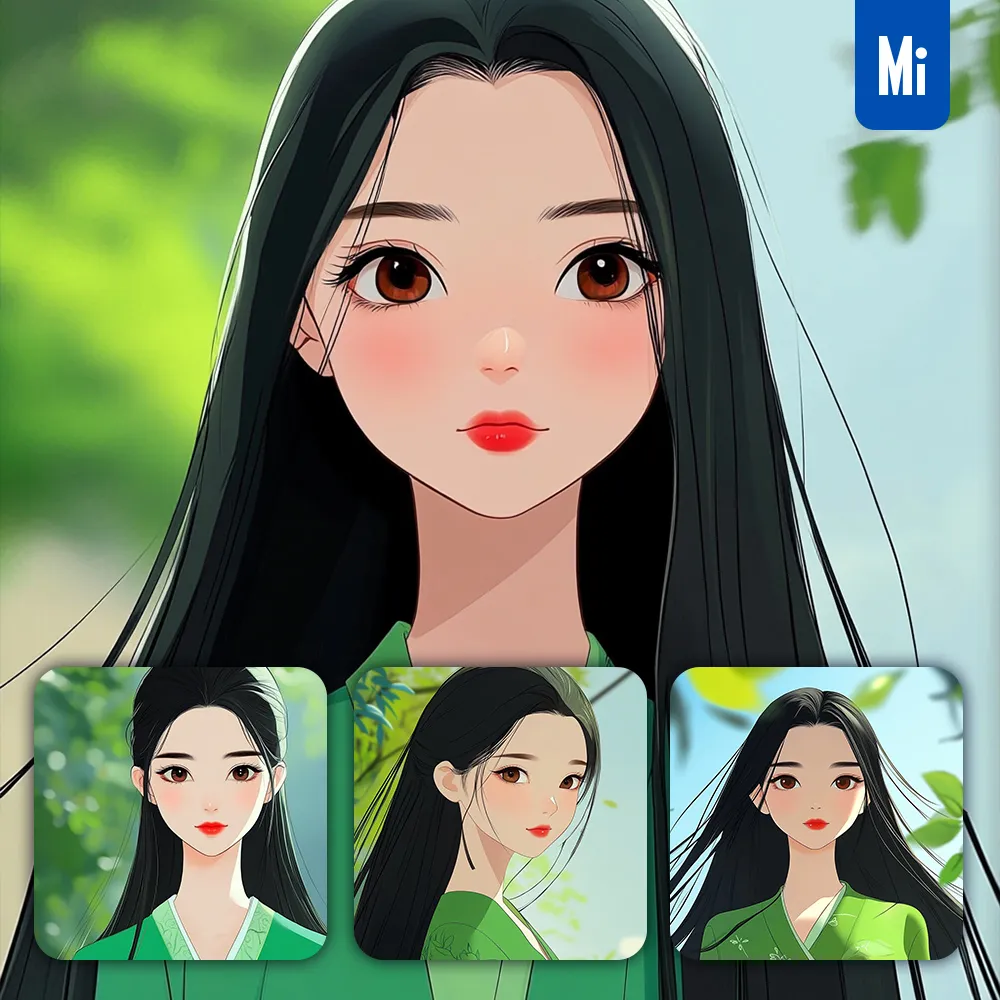 Midjourney Prompt Girl Beautiful Asian Woman Green Portrait Cartoon Illustration
