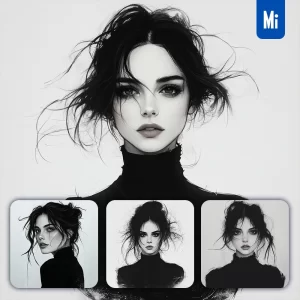 Midjourney Prompt Girl Portrait Hair Lady Black and White Woman Drawing