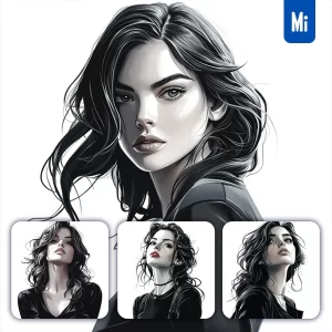 Midjourney Prompt Girl Portrait Hair Lady Black and White Woman Drawing Illustration