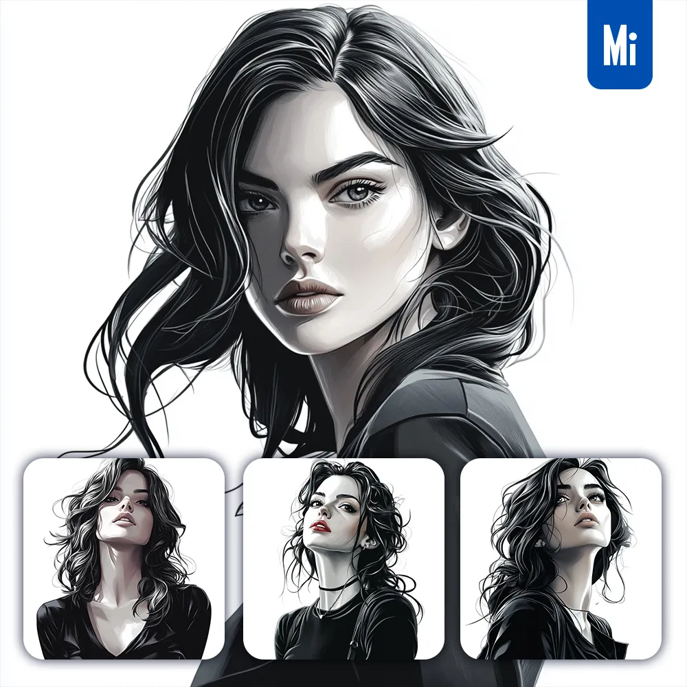 Midjourney Prompt Girl Portrait Hair Lady Black and White Woman Drawing Illustration