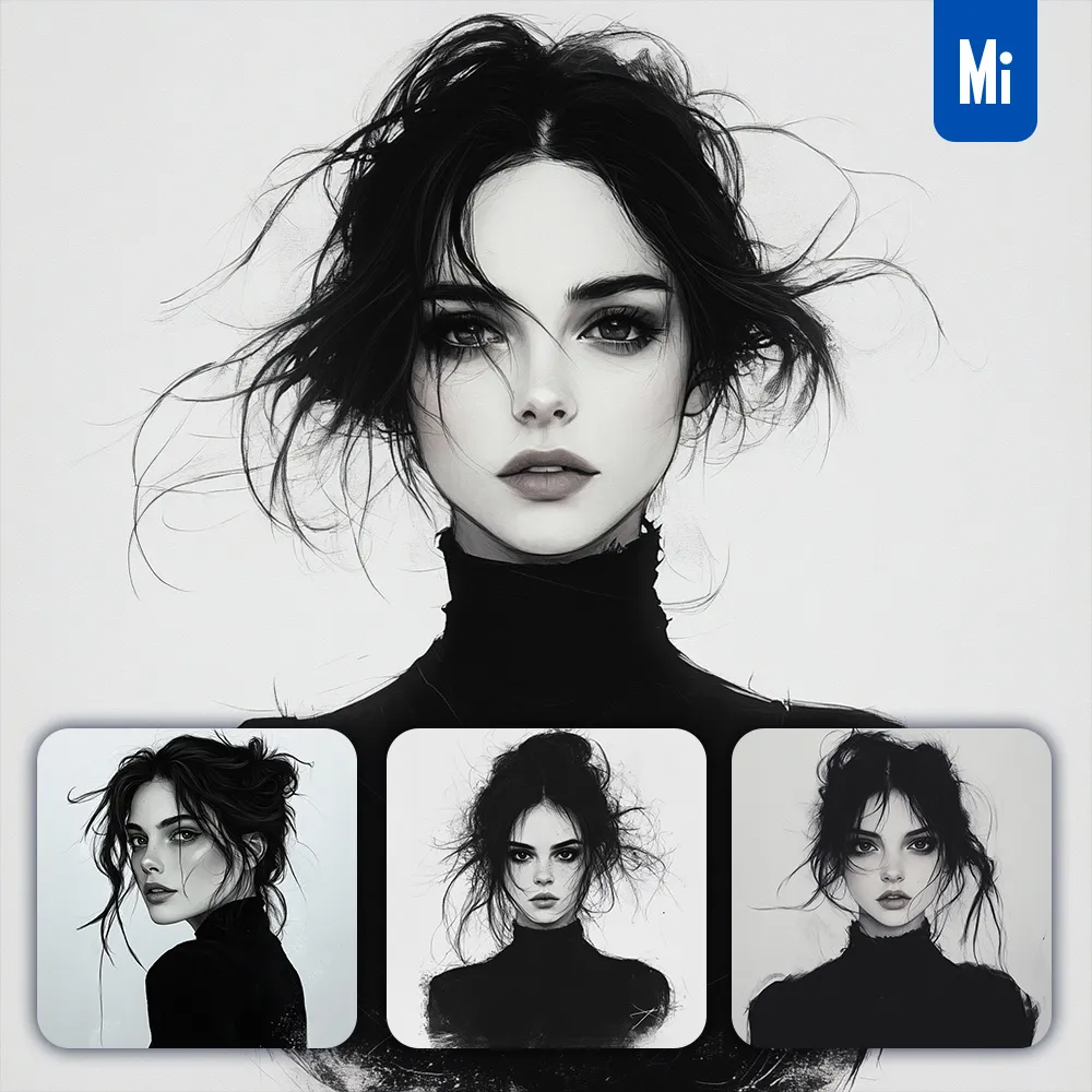 Midjourney Prompt Girl Portrait Hair Lady Black and White Woman Drawing
