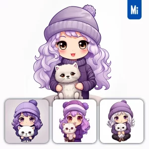 Midjourney Prompt Girl Purple Cat Anime Cute Illustration