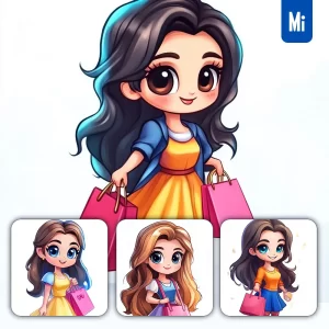 Midjourney Prompt Girl Shopping Bag Woman Cartoon Cute Animation