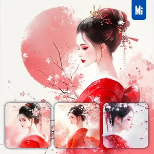 Midjourney Prompt Girl Woman Japanese Geisha Red Beautiful Ink Painting