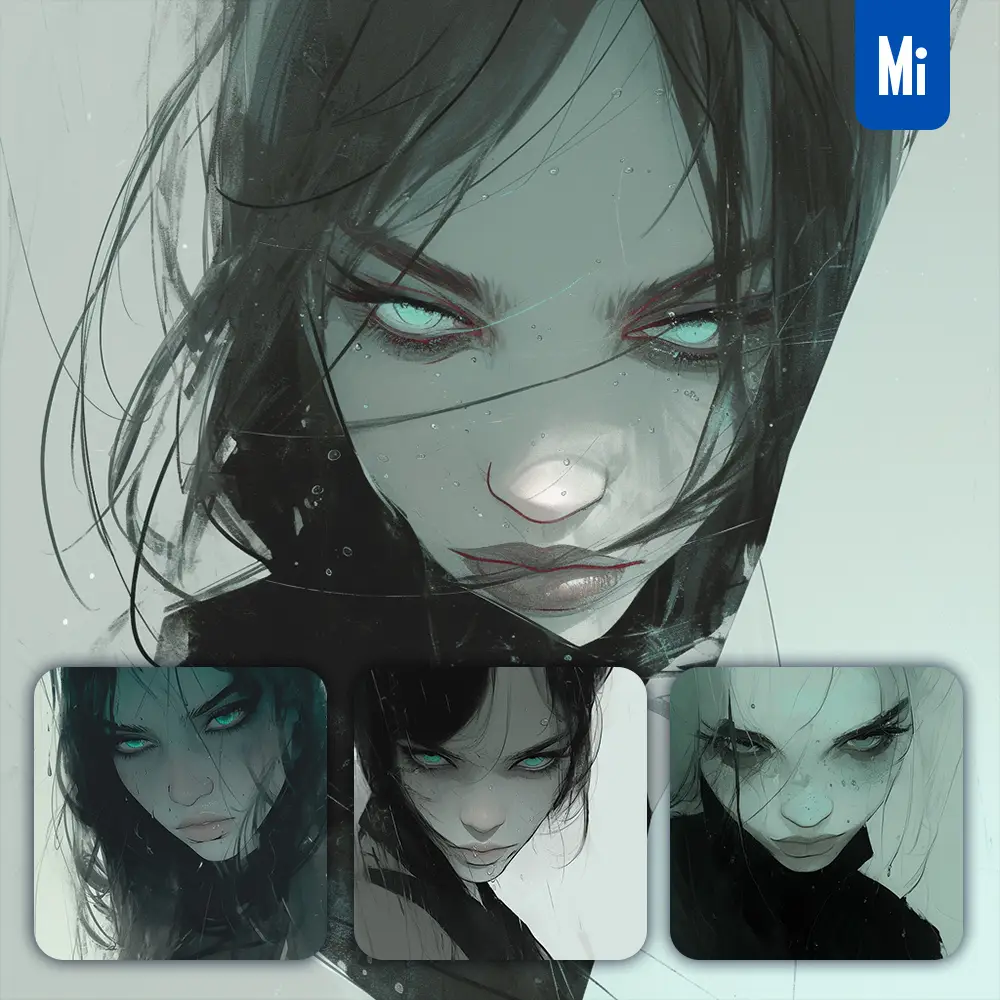 Midjourney Prompt Girl Woman Face Water Drop Rain Black and White Painting