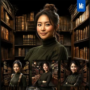 Midjourney Prompt Girl Woman Library Sweater Bookshop 3D Photography