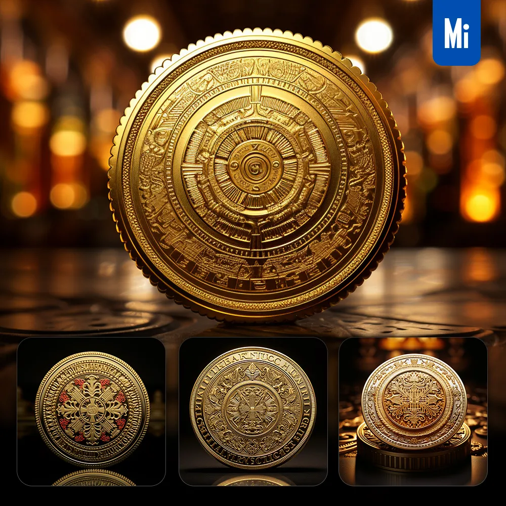 Midjourney Prompt Gold Coin Front Golden Spanish 3D Photography