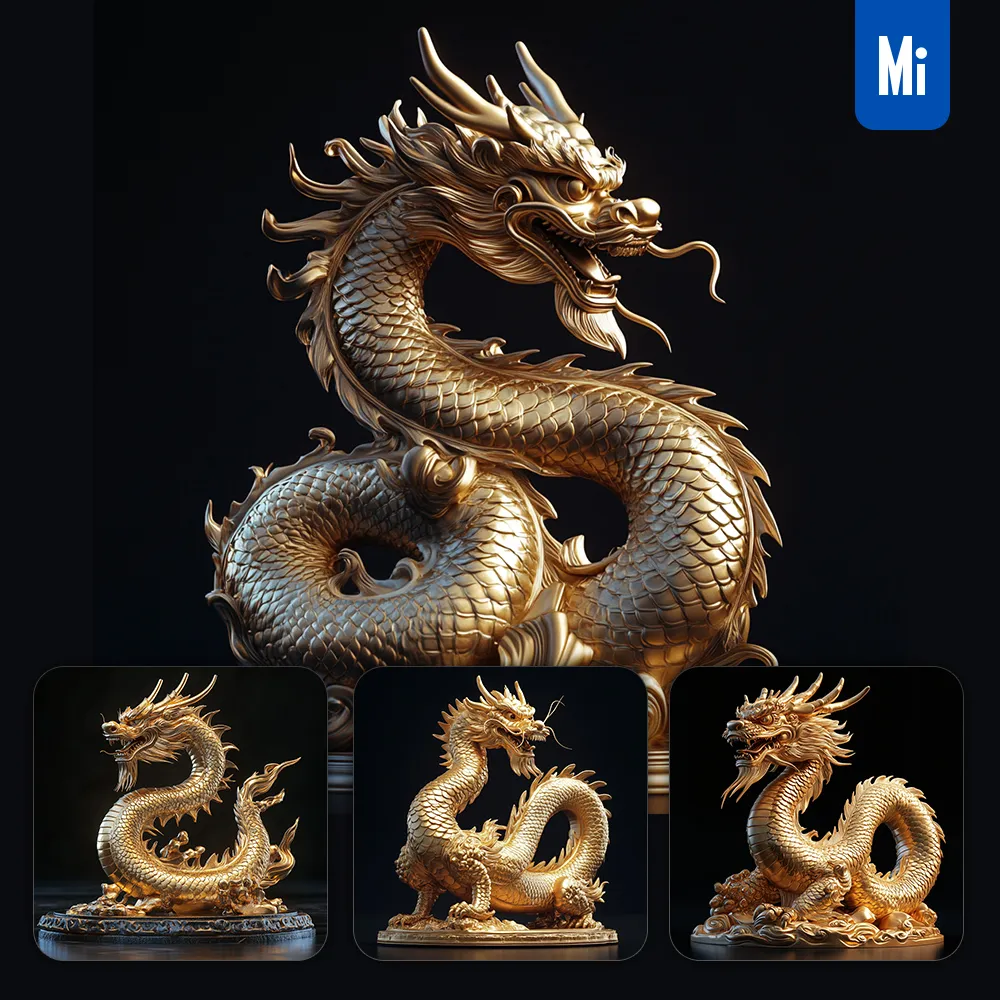 Midjourney Prompt Golden Chinese Dragon Statue Realistic 3D Photography