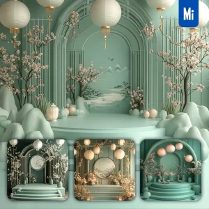 Midjourney Prompt Green Emerald Stage Chinese New Year Paper Flower Geometric 3D Background