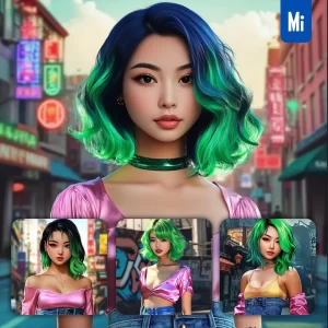 Midjourney Prompt Green Hair Girl Beautiful Chinese Woman Face Street Colorful 3D Portrait