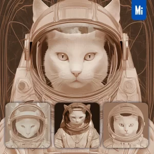 Midjourney Prompt Grey Pink Cat Spaceman Astronaut Helmet Toy Painting