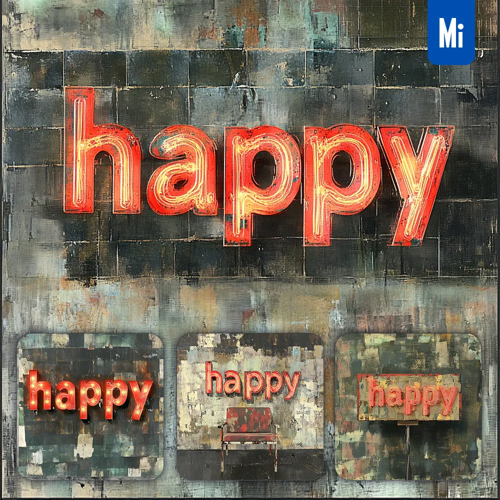 Midjourney Prompt Happy Wall Word LED Light Neon Glow