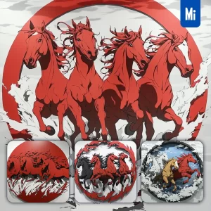 Midjourney Prompt Horse Red Circle Lacquer Carving Cartoon Illustration