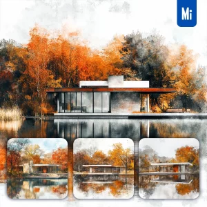 Midjourney Prompt House Villa Lake Autumn Painting Watercolor