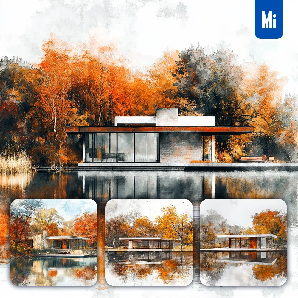 Midjourney Prompt House Villa Lake Autumn Painting Watercolor