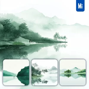 Midjourney Prompt Lake Ink Painting Green Forest Grassland Illustration Watercolor