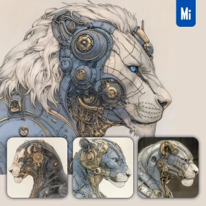 Midjourney Prompt Lion Head Drawing Robot Mechanical Vintage Illustration