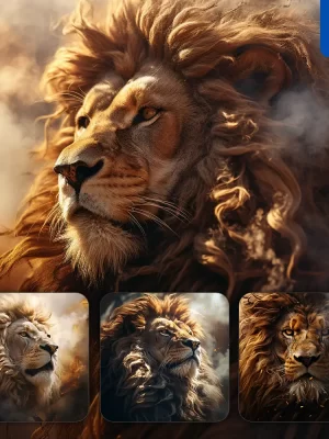 Midjourney Prompt Lion Head Face Smoke Dust Photography