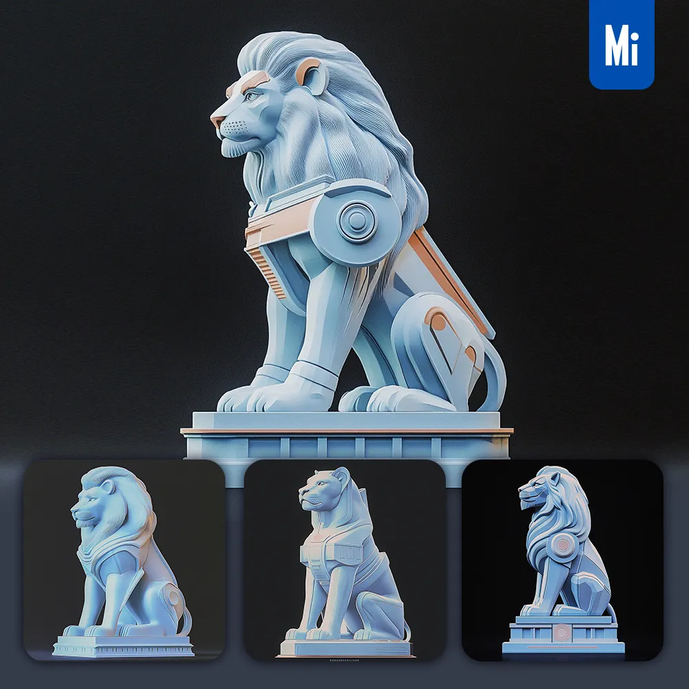 Midjourney Prompt Lion Modular Sci-fi Statue Illustration 3D