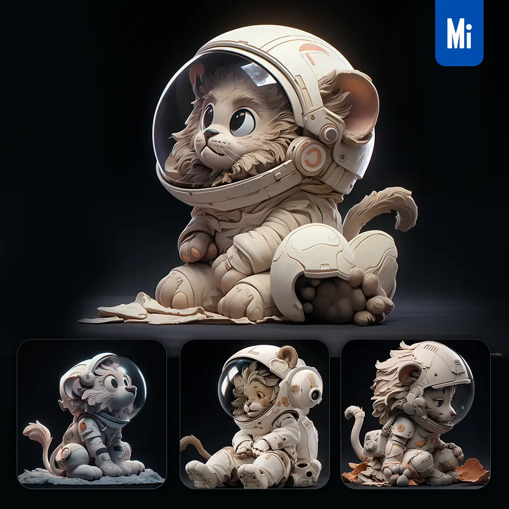 Midjourney Prompt Lion Sit White Astronaut Helmet Spaceman 3D Toy
