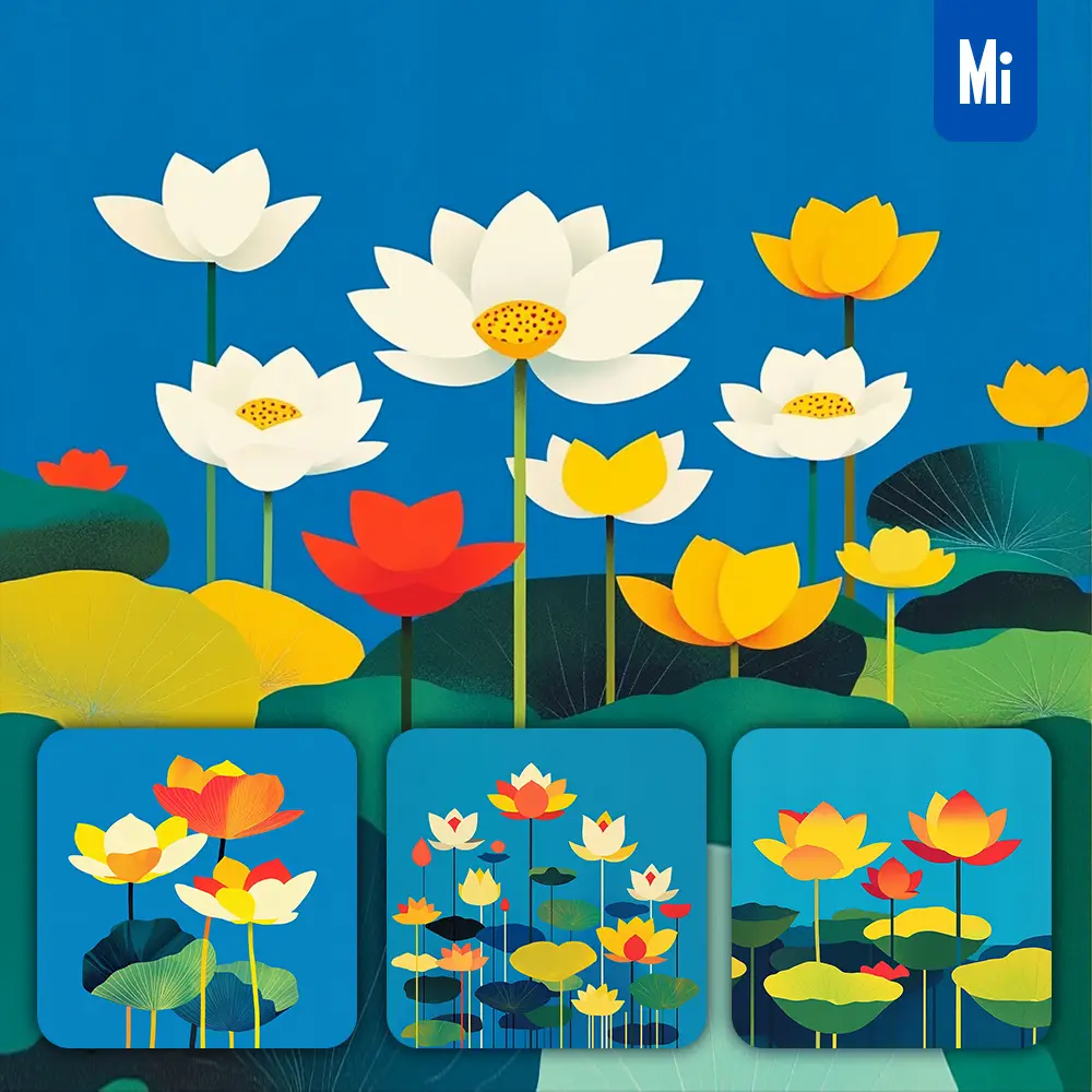 Midjourney Prompt Lotus Flower Lake Water Realistic Seascape Graphic Illustration Painting