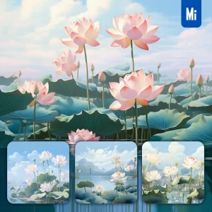 Midjourney Prompt Lotus Flower Lake Water Realistic Seascape Illustration Painting
