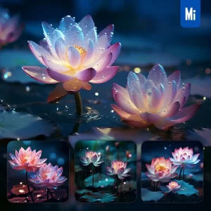 Midjourney Prompt Lotus Flower Water Drop Illusion Sparkling Lake 3D Illustration