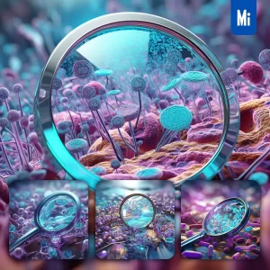 Midjourney Prompt Magnifying Glass Gut Microbiome Violet Turquoise 3D