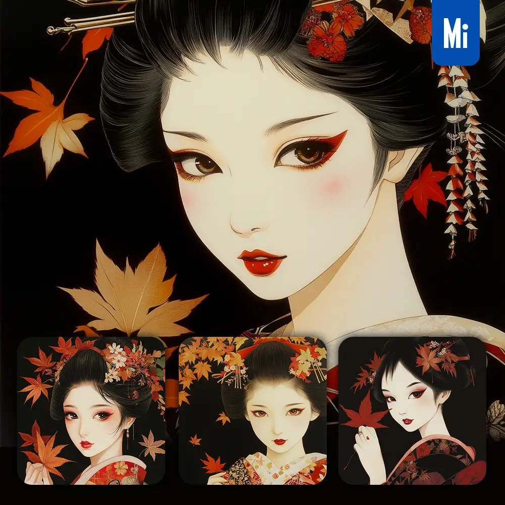 Midjourney Prompt Makeup Beauty Geisha Hairstyle Autumn Leaves Japanese Woman Girl Painting Art Illustration