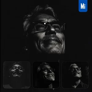 Midjourney Prompt Man Aged Wrinkly Old Male Glasses Smiling Smile Dark Black Portrait Photography