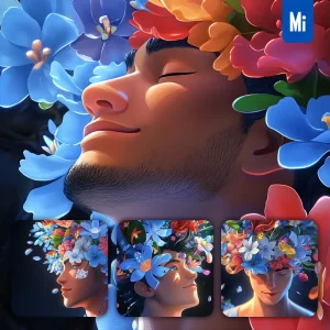 Midjourney Prompt Man Flower Head Face 3D Cartoon Headwear