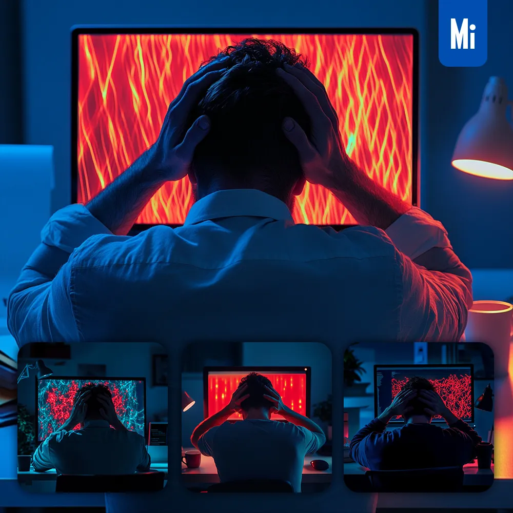 Midjourney Prompt Man Sitting Desk Working Office Computer Screen Overtime Agitated Mad Photography