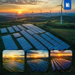 Midjourney Prompt Modern Solar Panel Wind Turbine Farm Sunset Green Power Clean Energy Landscape Photography