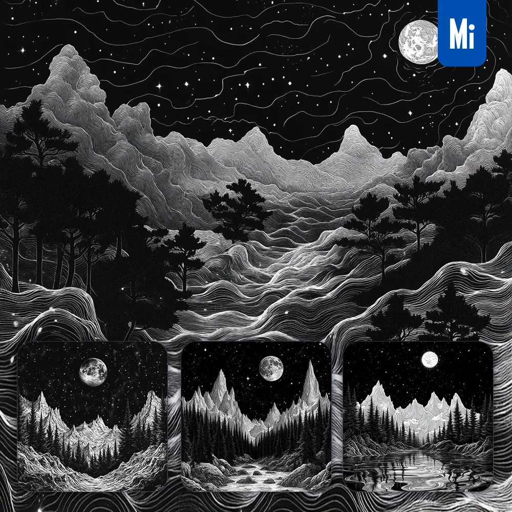 Midjourney Prompt Moon Night Mountain Tree Drawing Black and White Landscape