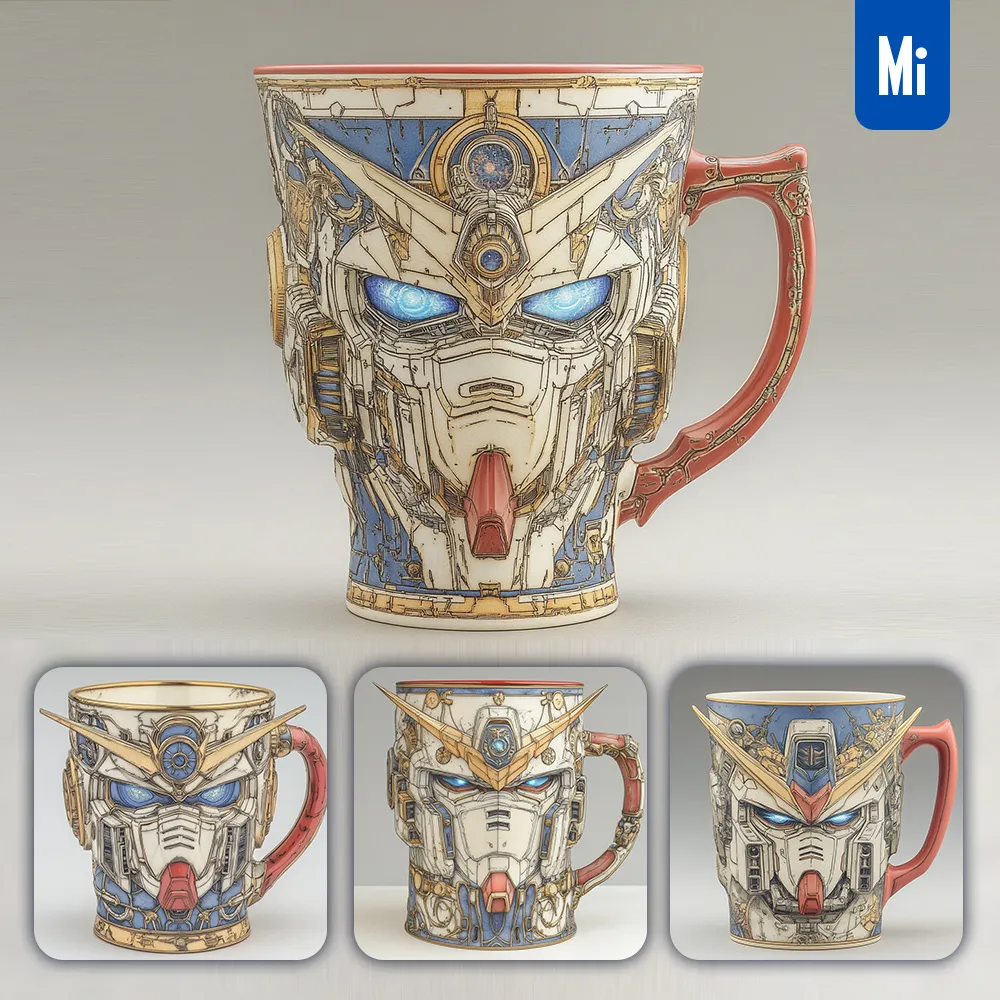 Midjourney Prompt Mug Cup Handle Gundam Head Drawing 3D Photography