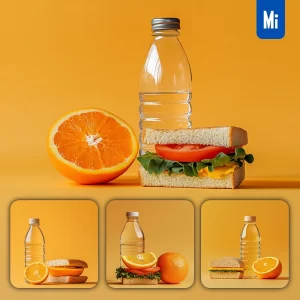 Midjourney Prompt Orange Sandwich Breakfast Water Bottle Photography