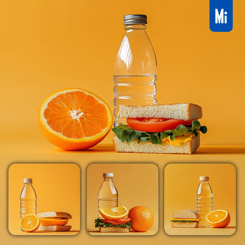 Midjourney Prompt Orange Sandwich Breakfast Water Bottle Photography