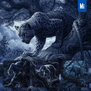 Midjourney Prompt Panther Tree Trunk Branch Illustration Painting