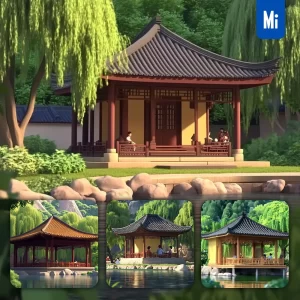 Midjourney Prompt Pavilion Traditional Chinese Architectural Willow Trees Lake Summer 3D Landscape Animation
