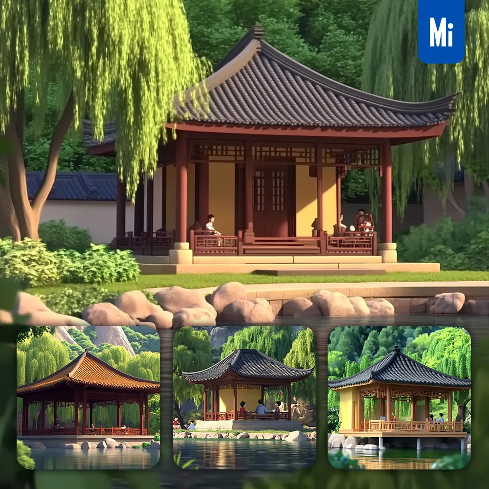 Midjourney Prompt Pavilion Traditional Chinese Architectural Willow Trees Lake Summer 3D Landscape Animation