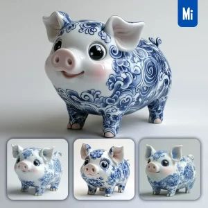 Midjourney Prompt Pig Cute Chinese Porcelain Pattern Art Animal 3D Artwork
